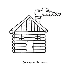 Image à colorier d'une cabane en bois avec une cheminée