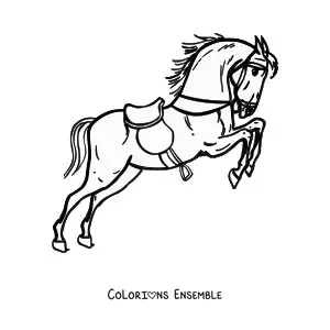 Image à colorier d’un cheval sellé et bridé sautant sur ses pattes arrière