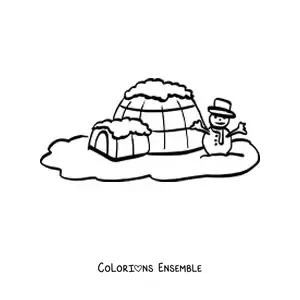 Image à colorier d'un igloo avec un bonhomme de neige