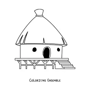 Image à colorier d'une hutte traditionnelle sur une base en bois