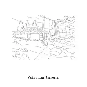 Image à colorier d'une hutte au milieu d'une forêt