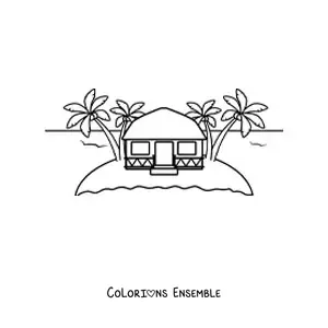 Image à colorier d'une hutte sur une île