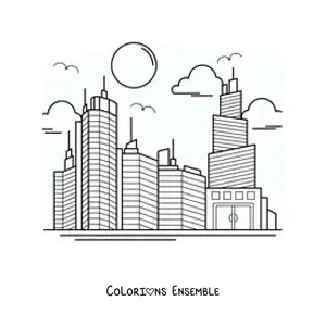Image à colorier de plusieurs gratte-ciel dans une ville