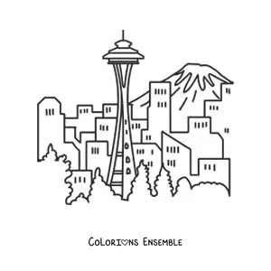 Image à colorier d'un paysage avec des gratte-ciel et une montagne en arrière-plan