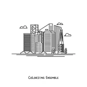 Image à colorier d'une ville moderne avec des gratte-ciel