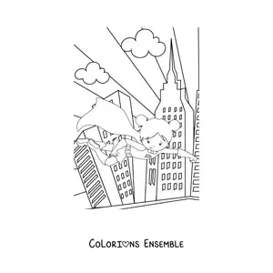 Image à colorier d'une fillette super-héroïne volant dans une ville avec des gratte-ciel