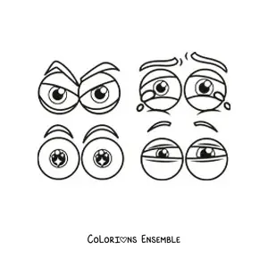 Image à colorier de quatre paires d'yeux de style dessin animé exprimant différentes émotions