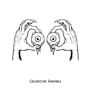Image à colorier de deux mains inquiétantes tenant des globes oculaires