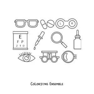 Image à colorier de différents éléments d'ophtalmologie