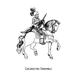 Image à colorier d’un chevalier en armure montant un cheval