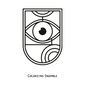 Image à colorier d'un bouclier avec un œil et des figures géométriques