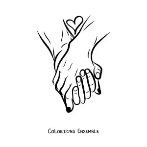 Image à colorier d'une paire de mains amoureuses entrelacées avec un cœur