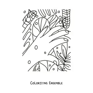 Image à colorier d'une jolie main avec des plantes en arrière-plan