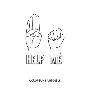 Image à colorier de mains faisant le signe d'appel à l'aide pour les victimes de violences
