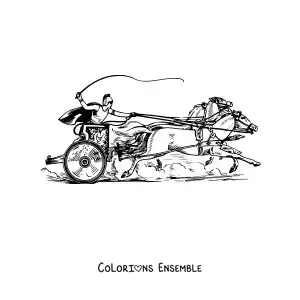 Coloriage d'une aurige romaine lancée à toute vitesse, menée par deux chevaux
