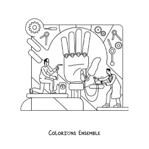 Image à colorier d'ingénieurs construisant une main bionique géante