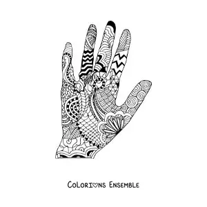 Image à colorier d'une main avec un motif de mandala