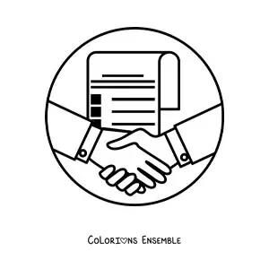 Image à colorier d'une poignée de main concluant un accord, avec un contrat en arrière-plan
