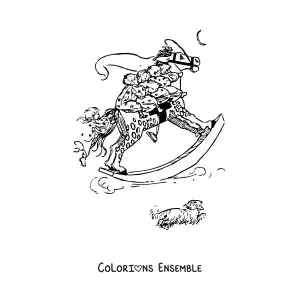 Coloriage de cinq petits enfants sur une grande balançoire en forme de cheval