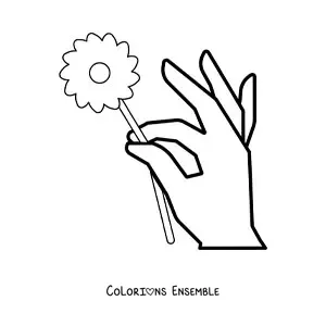 Image à colorier d'une main tenant une fleur