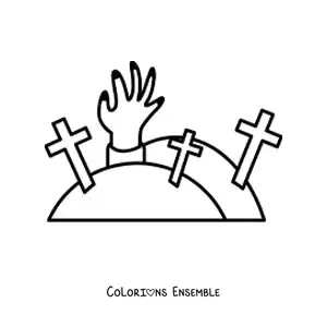 Coloriage d'Halloween d'une main de zombie dans un cimetière