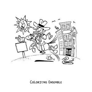 Coloriage d'un cow-boy de dessin animé chevauchant par une journée ensoleillée