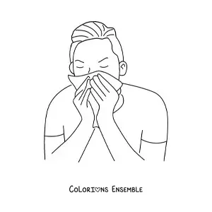 Coloriage d'un homme couvrant son nez avec un mouchoir en éternuant