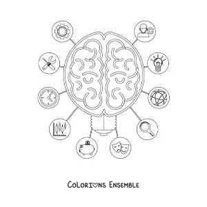 Coloriage d'un cerveau entouré de symboles représentant la pensée, les émotions et l'intelligence