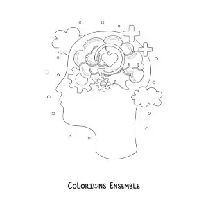 Coloriage d'une tête humaine avec un cerveau entouré de symboles de la pensée, des émotions et de l'intelligence