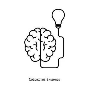 Coloriage d'un cerveau ayant une idée, relié à une ampoule