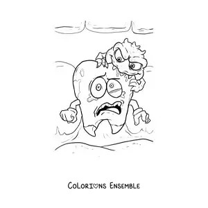 Coloriage d'une dent rigolote effrayée parce qu'elle a une carie