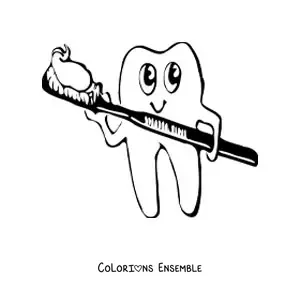Coloriage d'une dent rigolote souriante tenant une brosse avec du dentifrice