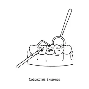 Coloriage de dents rigolotes avec des caries et des instruments de dentiste