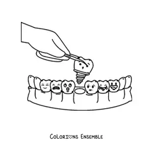 Coloriage d'une dent rigolote en train d'être extraite par le dentiste