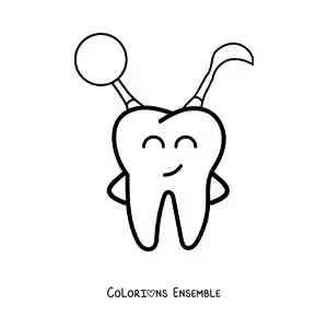 Coloriage d'une dent rigolote et joyeuse tenant des instruments de dentiste