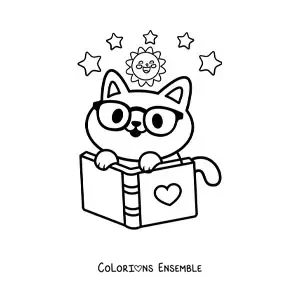 Coloriage d'un chat kawaii avec un livre ouvert