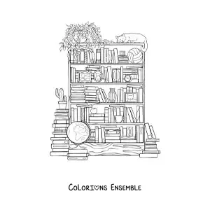 Coloriage de plusieurs livres rangés dans une bibliothèque
