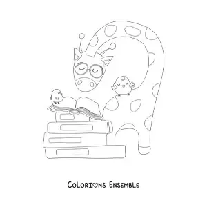 Coloriage d'une girafe rigolote lisant un livre à côté de quelques oiseaux