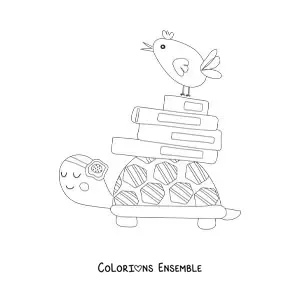 Coloriage d'une tortue rigolote portant une pile de livres sur sa carapace