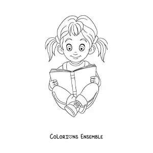 Coloriage d'une petite fille assise en train de lire un livre