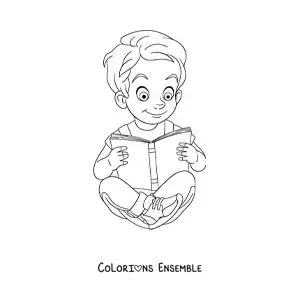 Coloriage d'un petit garçon assis en train de lire un livre