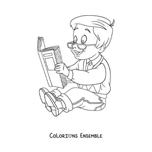 Coloriage d'un petit garçon à lunettes en train de lire un livre