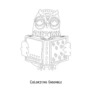 Coloriage d'un hibou rigolo en train de lire un livre