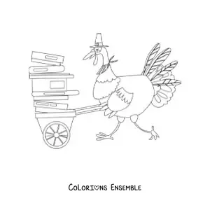 Coloriage d'une dinde rigolote avec des livres empilés dans une brouette