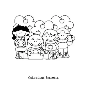 Image à colorier d’enfants mangeant des pommes avec des pommiers en arrière-plan