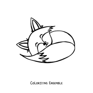 Coloriage d'un renard kawaii endormi, roulé en boule