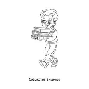 Coloriage d'un petit garçon portant plusieurs livres empilés