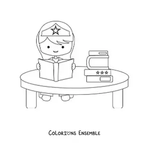 Coloriage d'une petite fille super-héroïne kawaii en train de lire un livre
