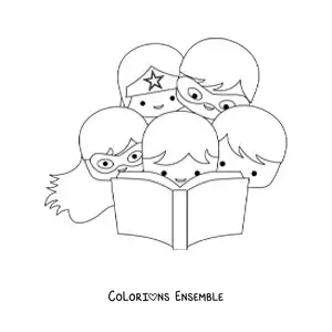Coloriage de plusieurs enfants super-héros lisant un livre ensemble
