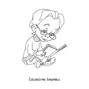 Coloriage d'une petite fille à lunettes assise en train de lire un livre